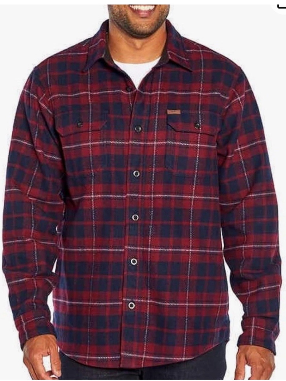 Orvis Men's double brushed flannel Shacket Red Navy Plaid Button-Down Shirt LG